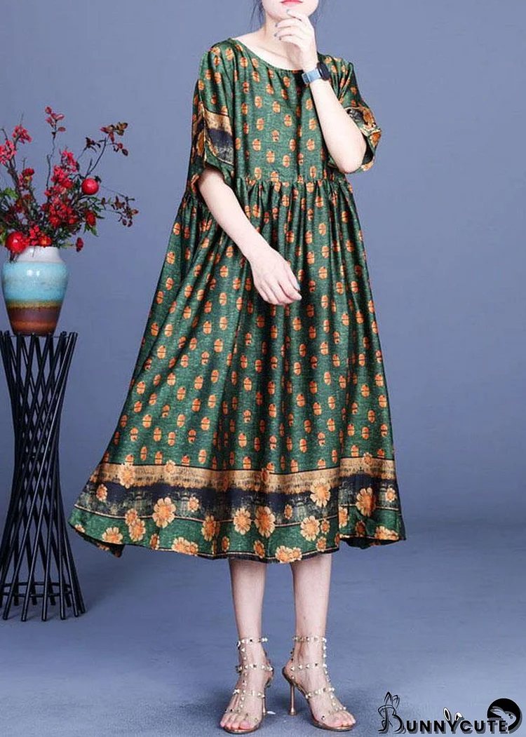 Women Green Print Silk Cinched Dress Summer