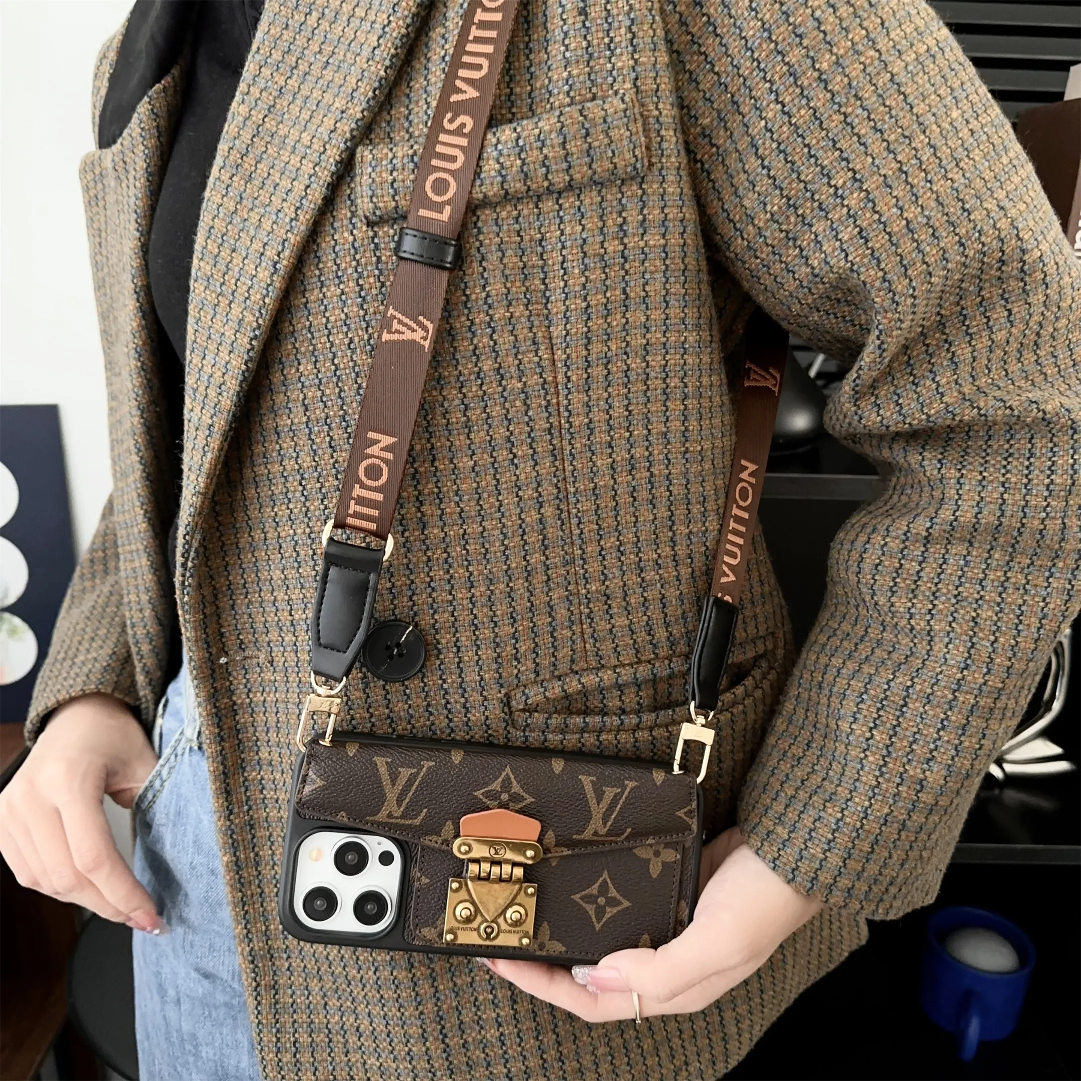 LV Dauphine Monogram Canvas Crossbody Postman Apple iPhone Wallet Case