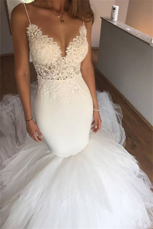 Daisda Long Spaghetti-Straps Wedding Dress Mermaid With Appliques