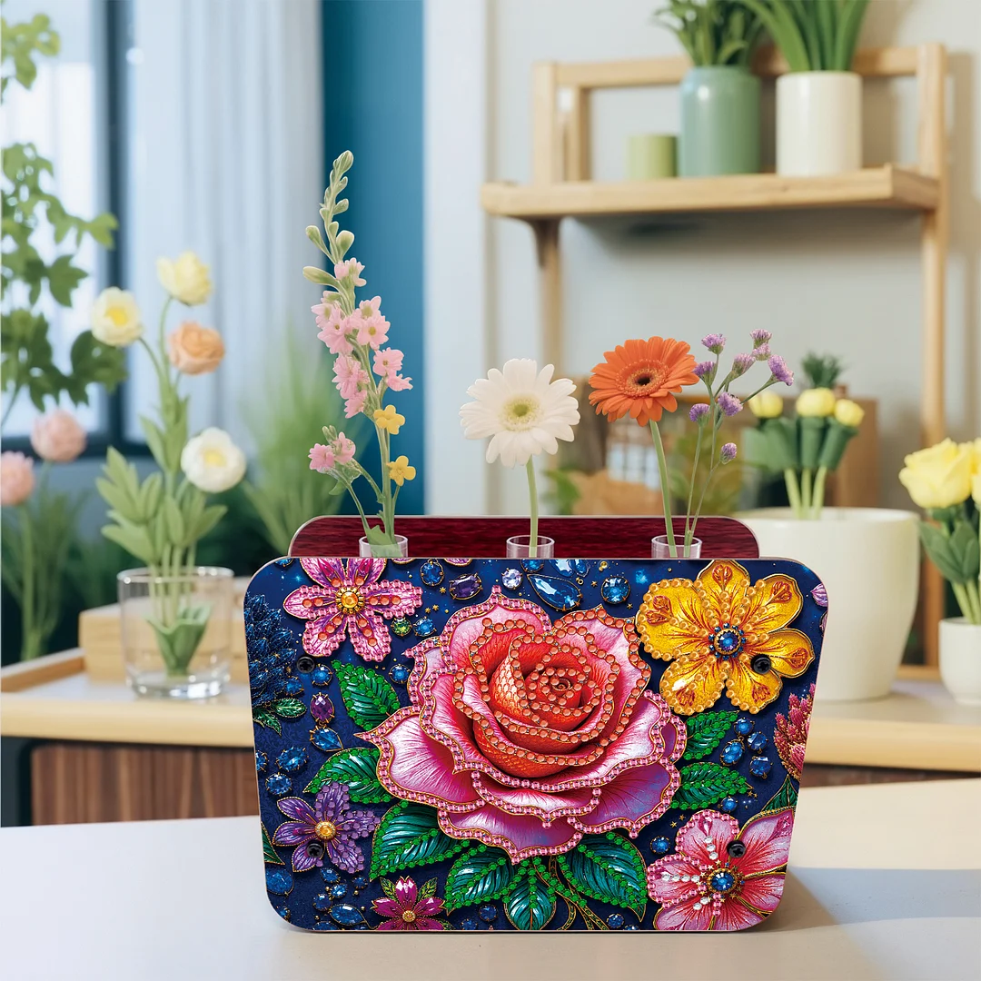 Rose DIY Flower Vase Wooden Double Sided Desktop Diamond Art Kit for Home Decor