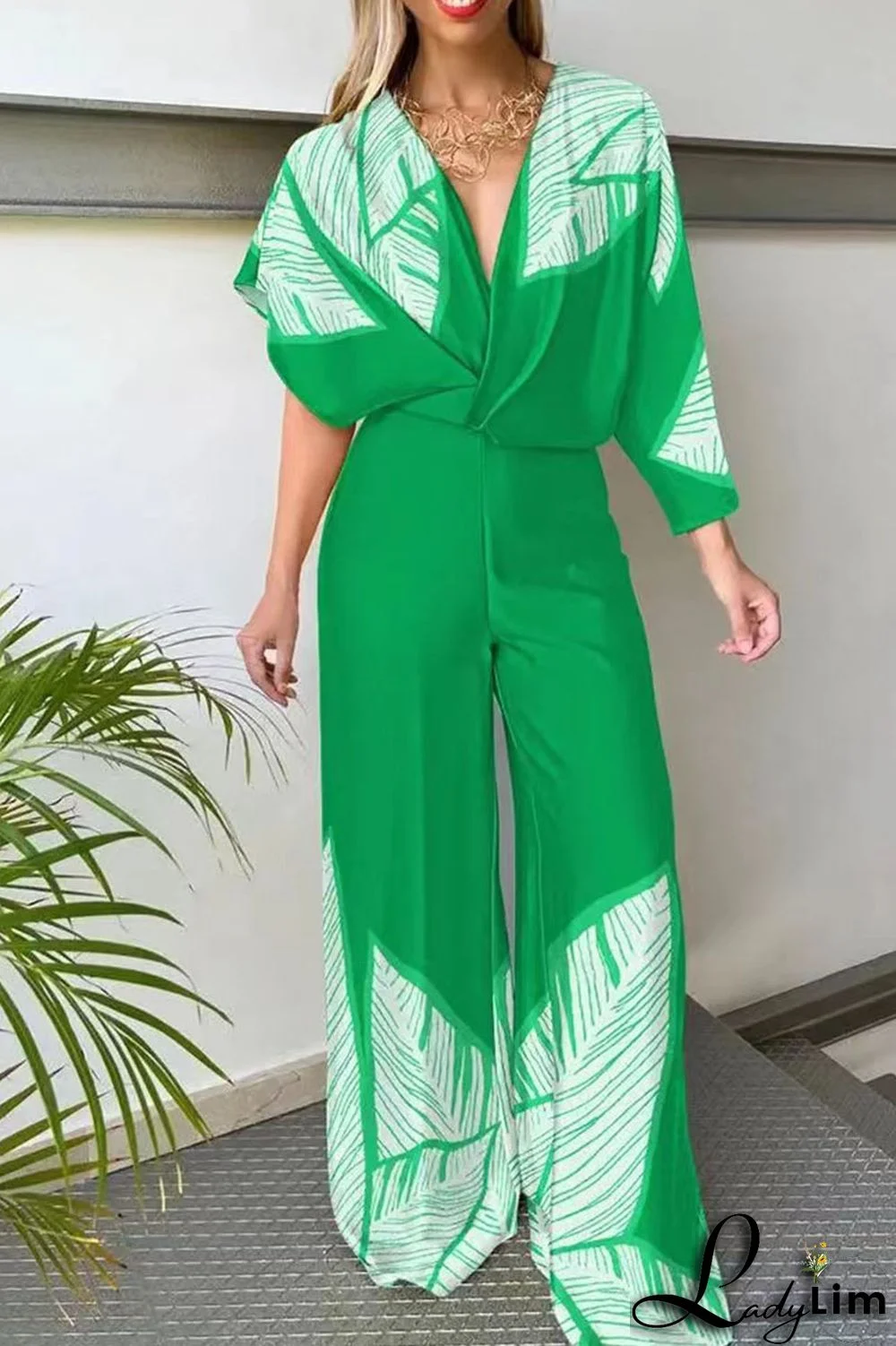 Green Casual Print Patchwork Asymmetrical V Neck Straight Jumpsuits