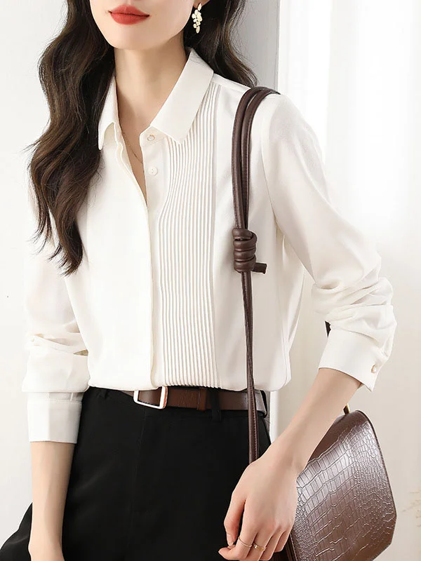 Solid Color Pleated Buttoned Loose Long Sleeves Lapel Blouses&Shirts Tops