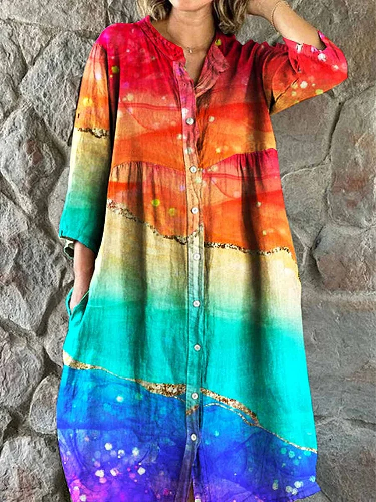 Women's Rainbow Art Fluid Cotton and Linen Dress with Pockets