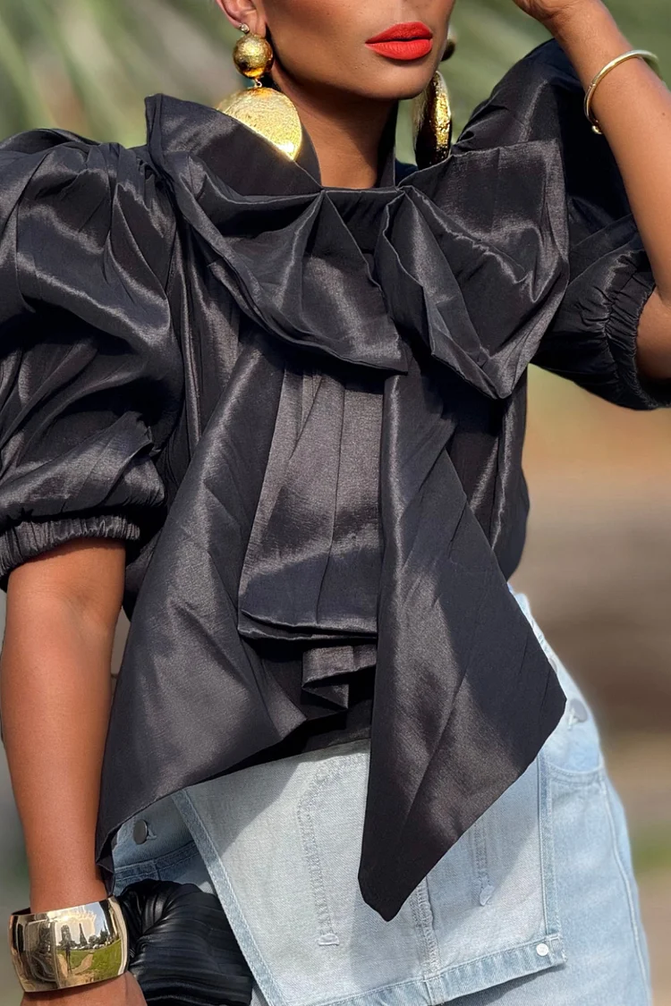 Plus Size Business Casual Black Puff Sleeve Short Sleeve Bow Tie Elegant 3D Blouses [Pre-Order] 2024 - Xpluswear
