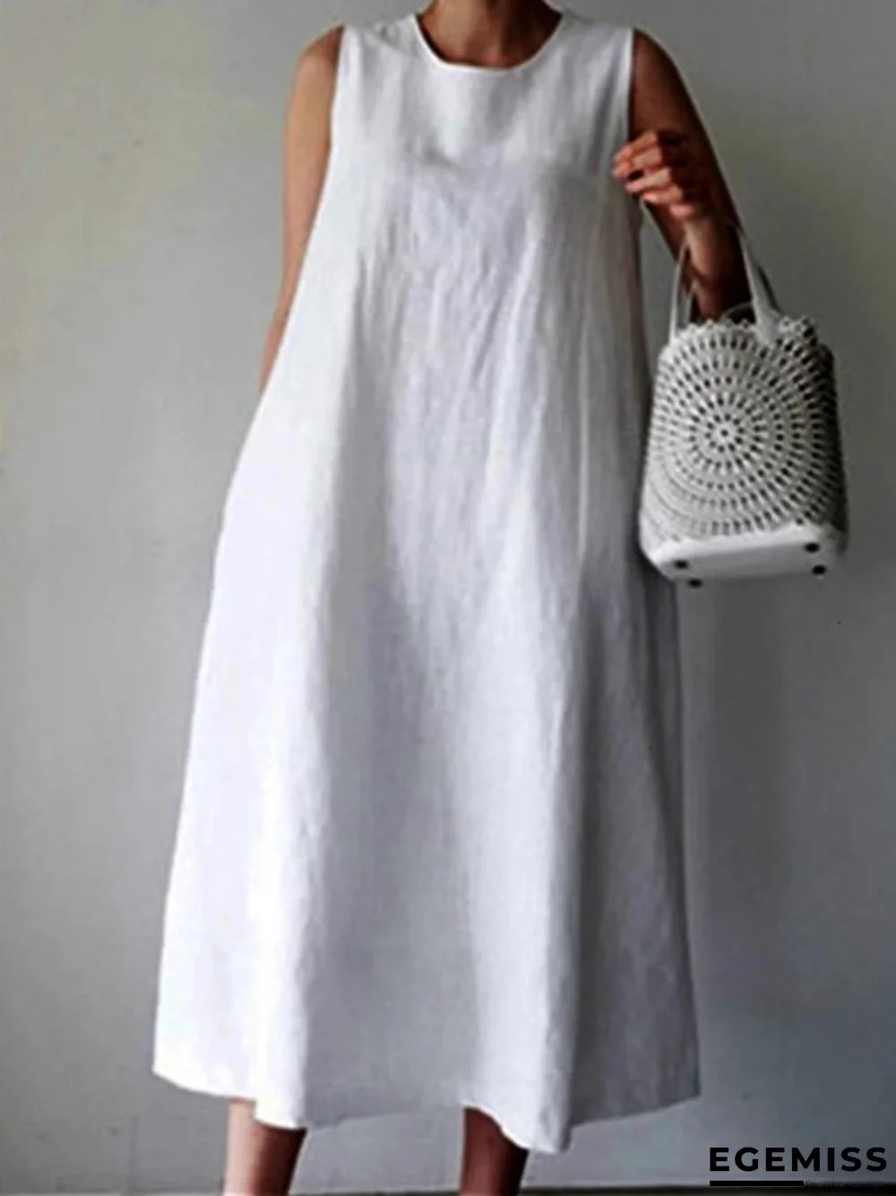 Solid Color Cotton and Linen Sleeveless Plus Size Loose Vest Skirt White Dresses | EGEMISS