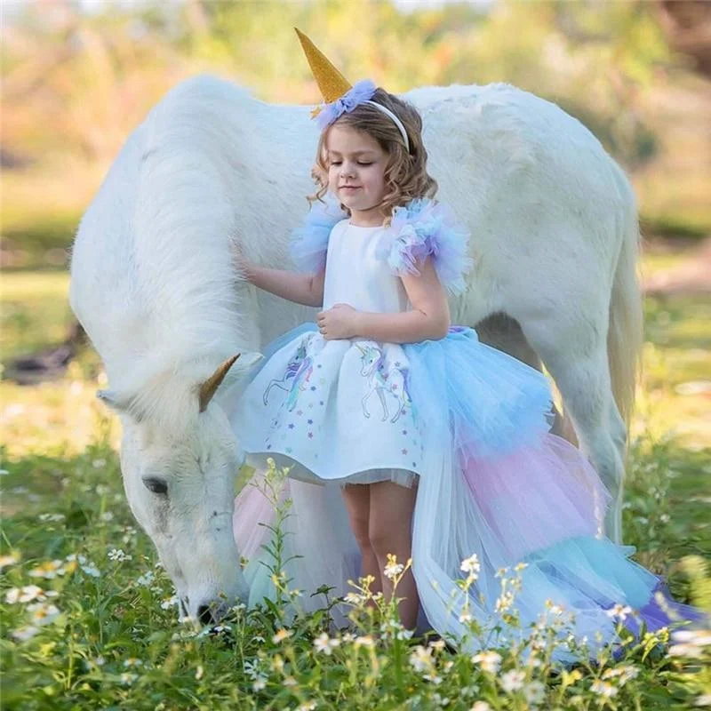 Rainbow Cake Girls Unicorn Dress Long Tail Train Dress Baby Girl Princess Birthday Party Ball Gown Kids Horse Clothes Hairband