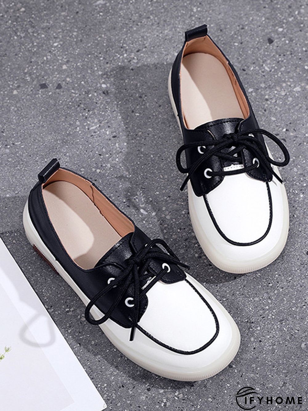 Casual Split Joint Color Block Leather Lace Up Flat Shoes | IFYHOME