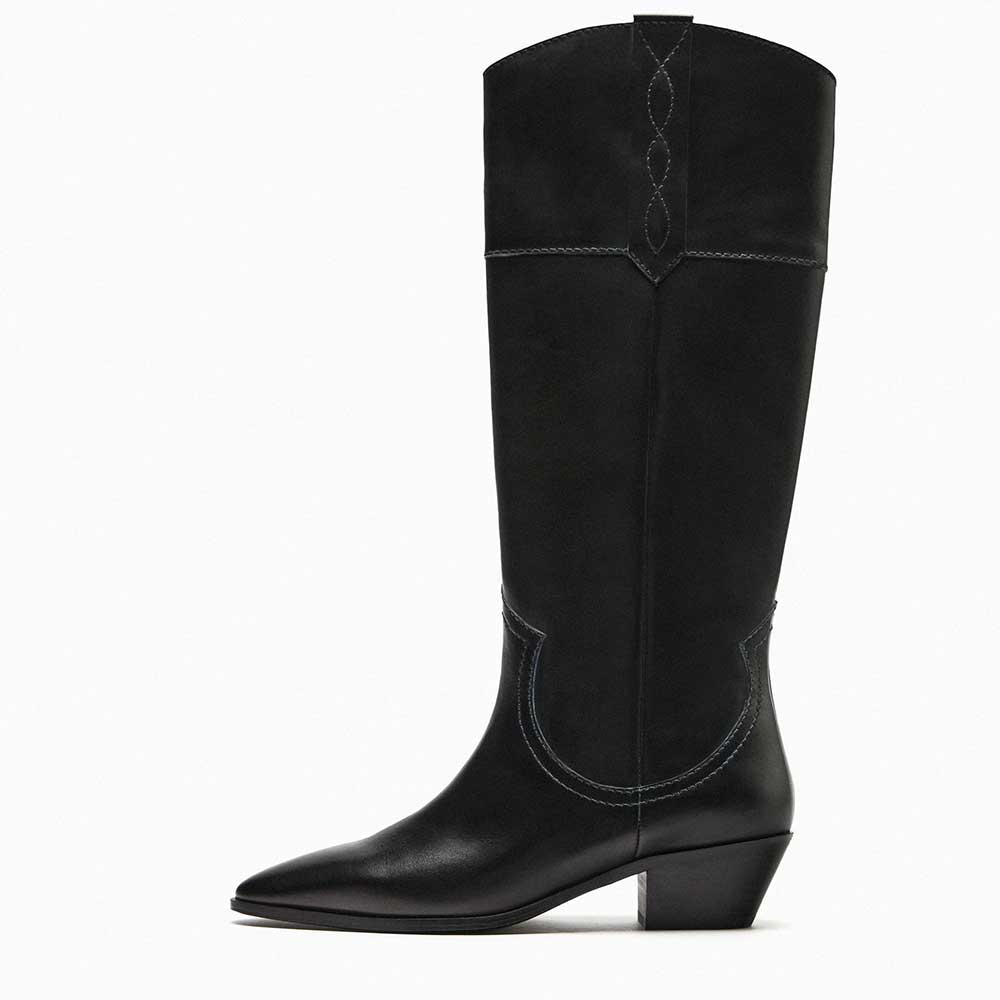 Black Pointed Toe Chunky Heel Wide Calf Knee High Cowgirl Boots Nicepairs