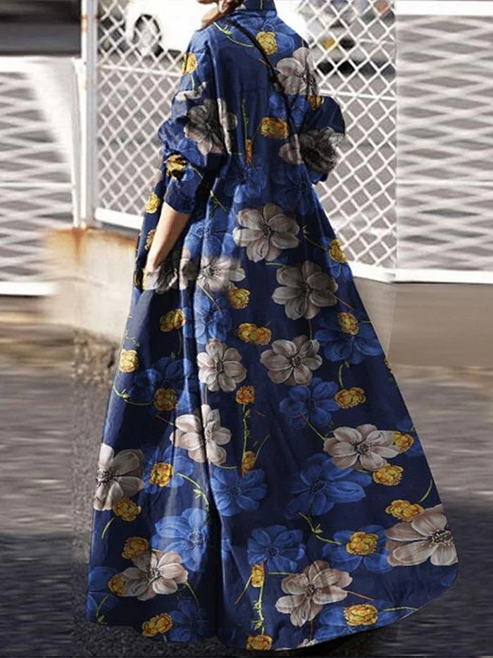 Retro Printed Wide Long Sleeve Big Sleeve Dress