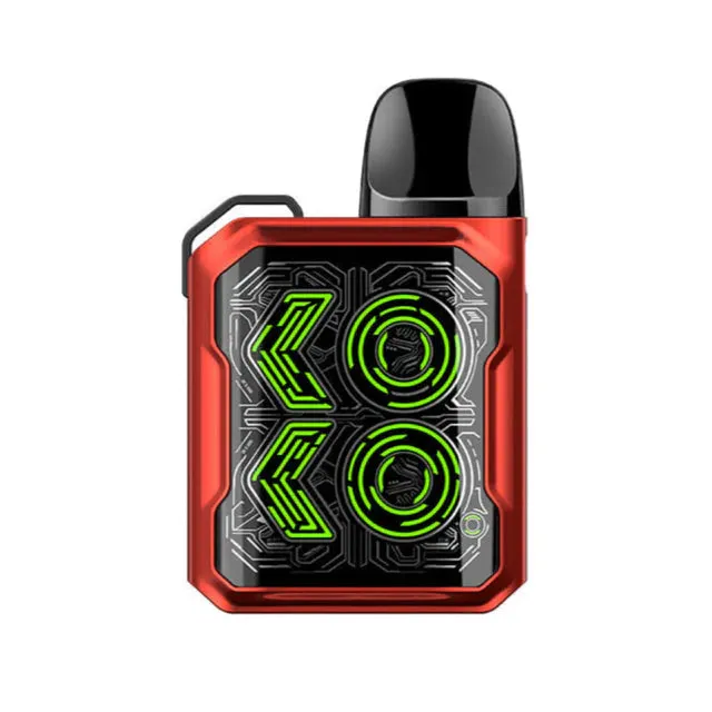 Red Uwell Caliburn GK2 18W pod system with stylized green K circuit design.