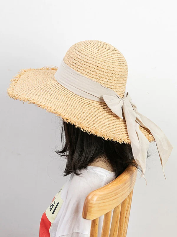 Solid Color Sunscreen Straw Bow-Knot Woven Breathable Beach Hat