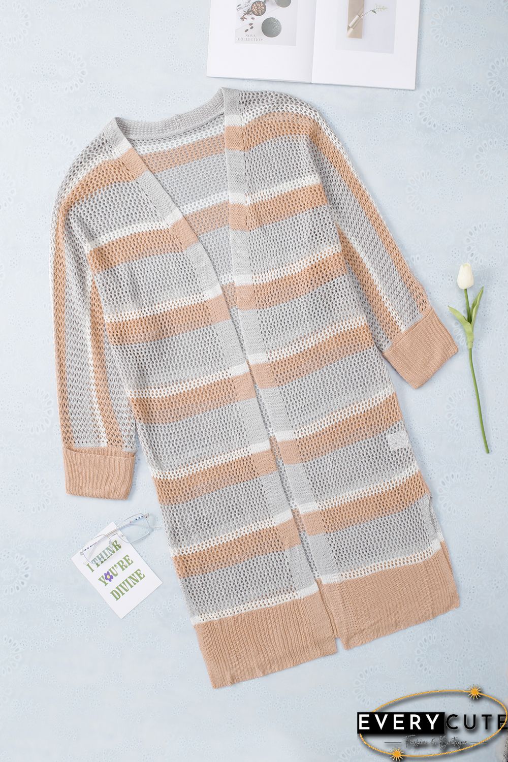 Open Front Striped Knitted Cardigan