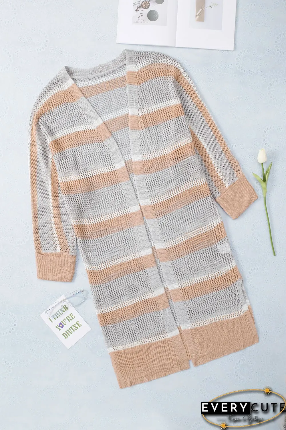 Open Front Striped Knitted Cardigan