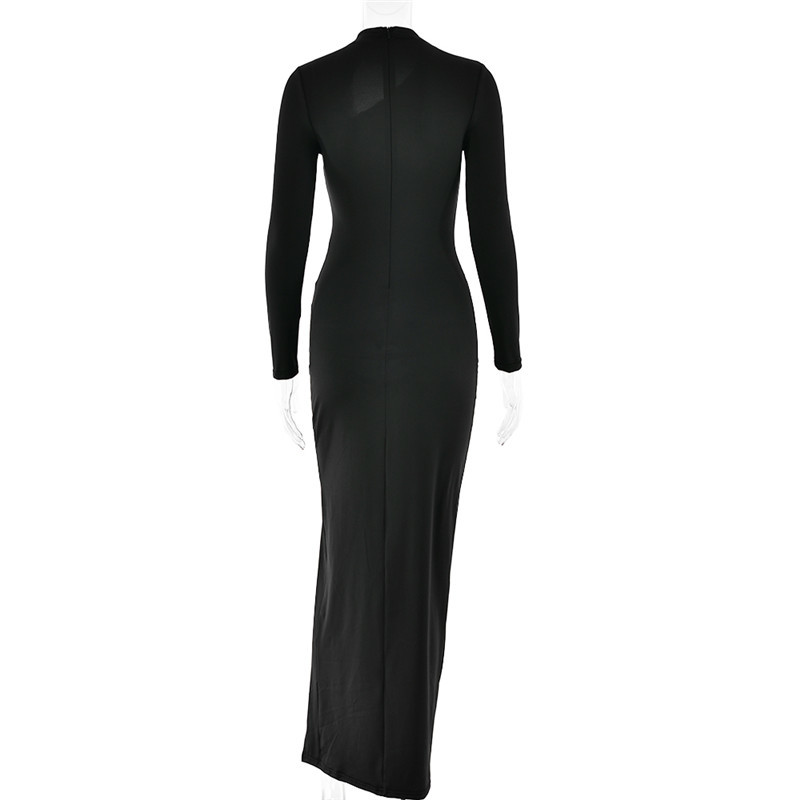 Mozision Mesh Patchwork Sexy Maxi Dress Women Hollow Out O Neck Long Sleeve Thigh High Split Bodycon Long Dress Femme Elegant