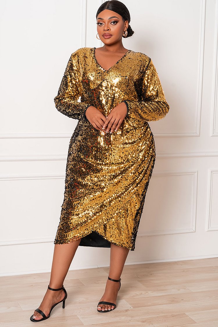 Xpluswear Design Plus Size Formal Gold Sequin V Neck Long Sleeve Bodycon Midi Party Dresses