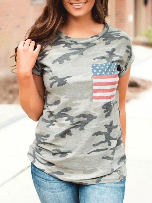 Camouflage Print American Flag Pocket T-Shirt