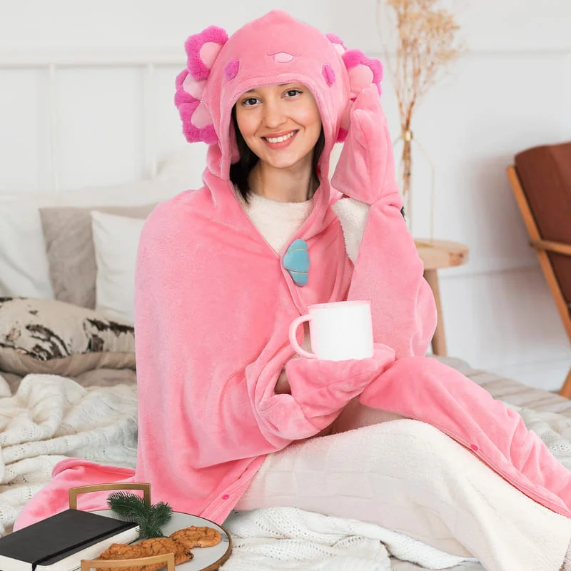 MeWaii® Pink Axolotl Wearable Blanket Hoodie Oversized Flannel Sweatshirt Blanket Warm & Cozy Hooded Blanket Gifts