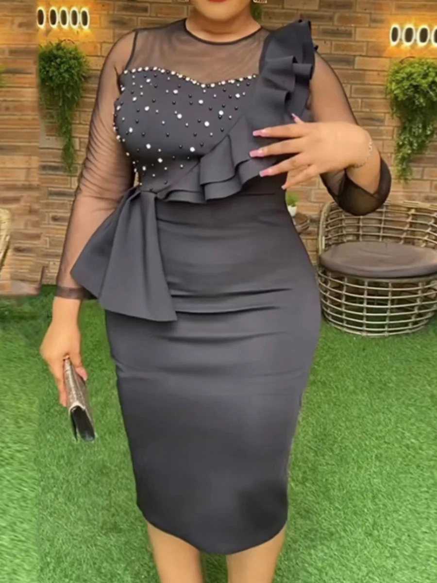 Beading Asymmetries Ruffles Dress Patchwork Mesh Sheer Evening Gowns  Birthday Party Night Club Outfits Bodycon Midi Dresses