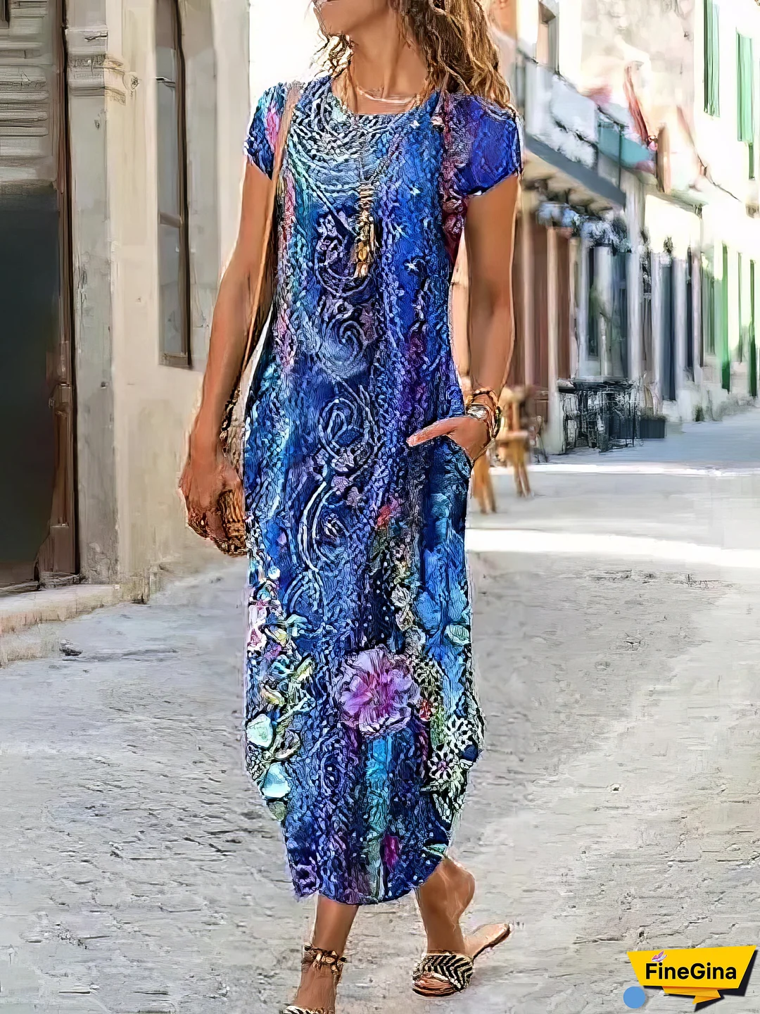 Shift Floral Pocket Print Crew Neck Casual Maxi Dress