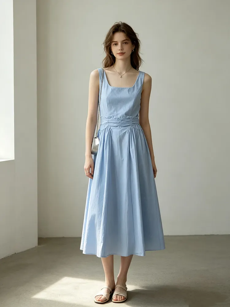 Light blue square neck fitted waist dress