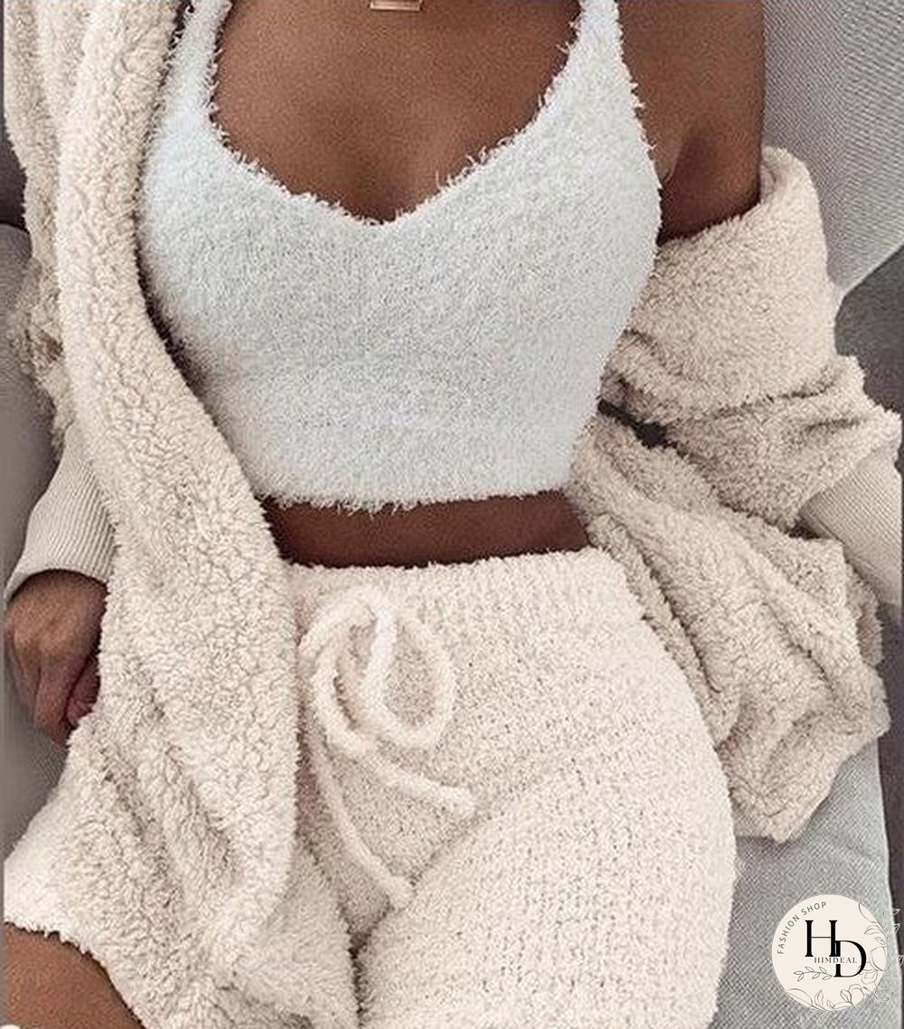 Comfy Faux Fur Crop Top Shorts And Jackets