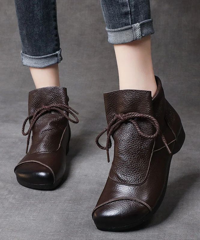 Simple Brown Cowhide Leather Boots Lace Up Splicing Ankle Boots