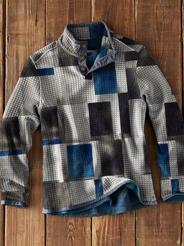 Men's Waffle Collar Printed Long Sleeve T-Shirt
