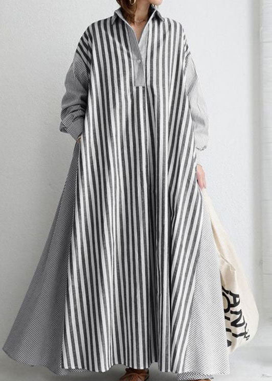 VCSHOES Loose Black Striped Peter Pan Collar Patchwork Cotton Dress Spring