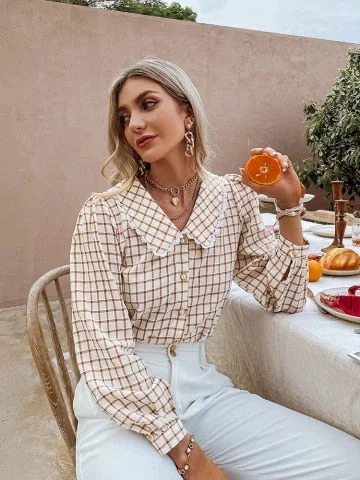 pornhint Pornhint Simplee Autumn Office Lady Gingham Square Pattern Shirt Women Casual V-neck Brown Skinny Blouse Female Regular Sleeves Top 2023