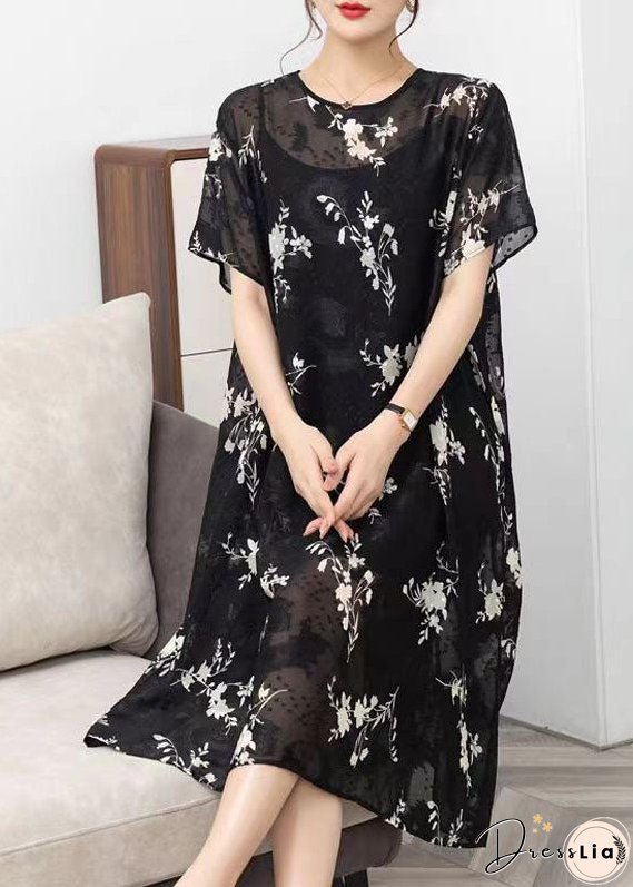 Handmade Black O Neck Print Patchwork Chiffon Dress Summer