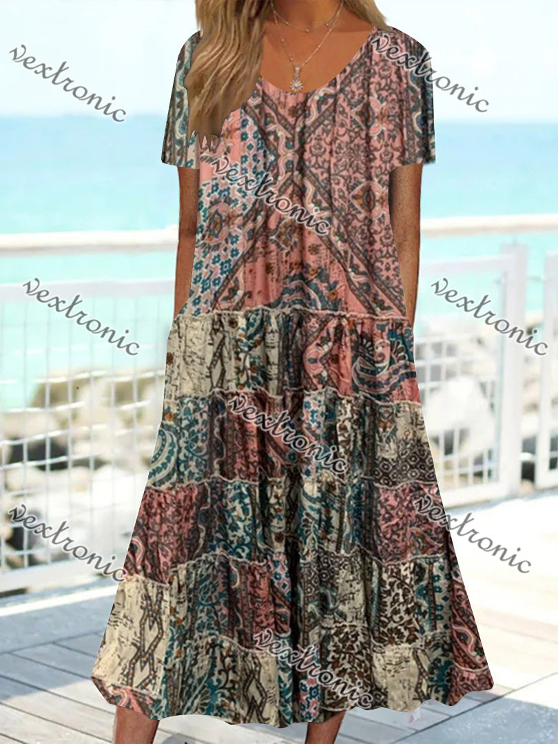 Women Short Sleeve Scoop Neck Floral Printed Stitching Maxi Dress