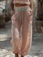 Women's Spring Floral Roses Embroidered Art Print Linen Blend Casual Pants