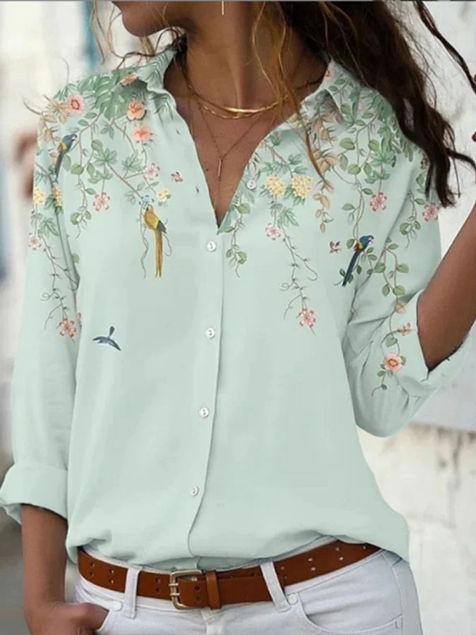 Spring And Summer Comfortable Fashion Women's Small Flowers Lapel Long -Sleeved Shirt Women