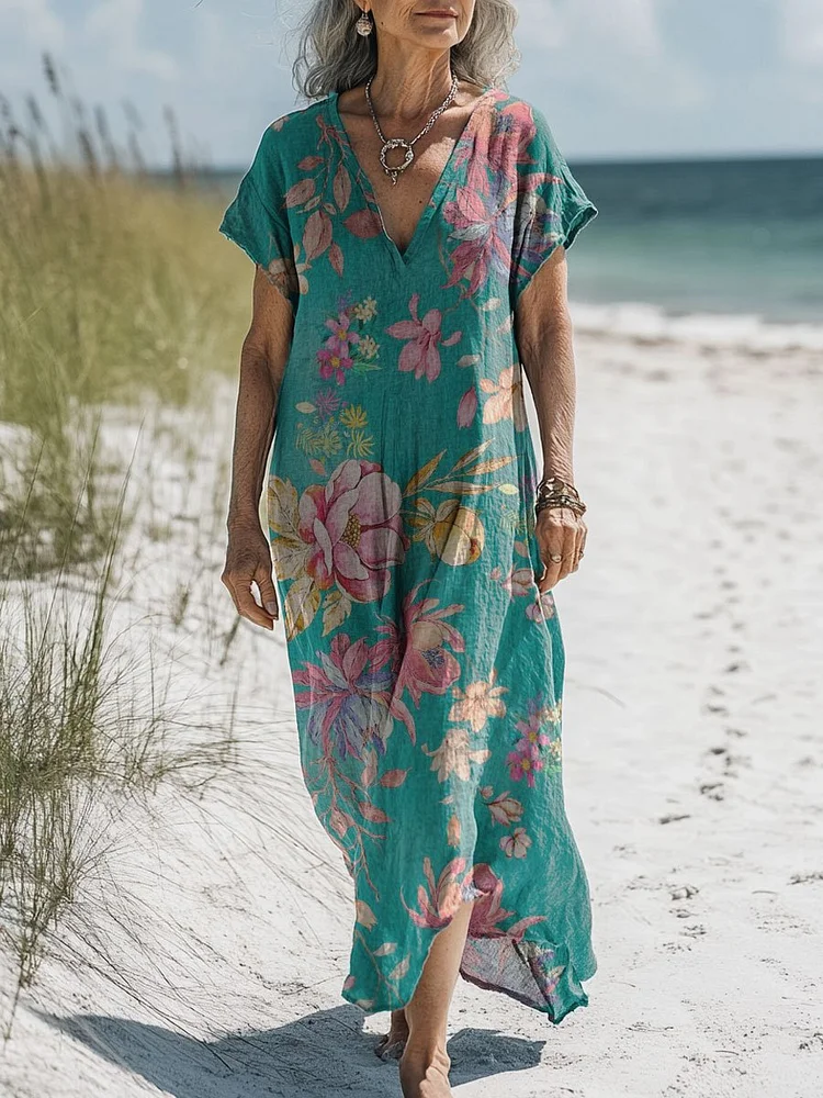 Women's Vintage Flower Art Print Pocket Cotton Dress