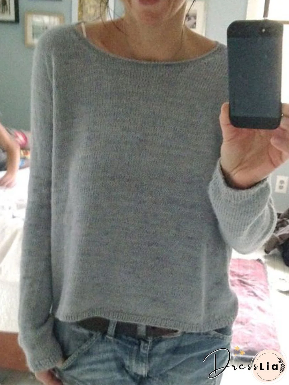 Casual Shift Round Neck Plain Sweater