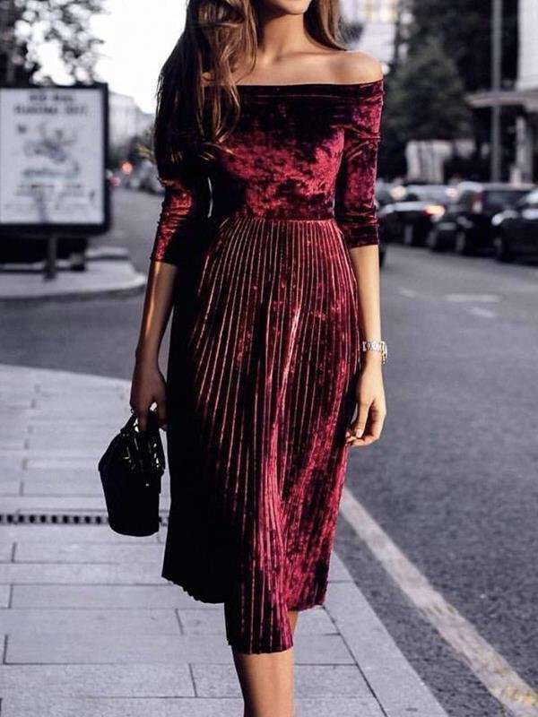 Solid Color Autumn and Winter Velvet Waist Pleated Dress
