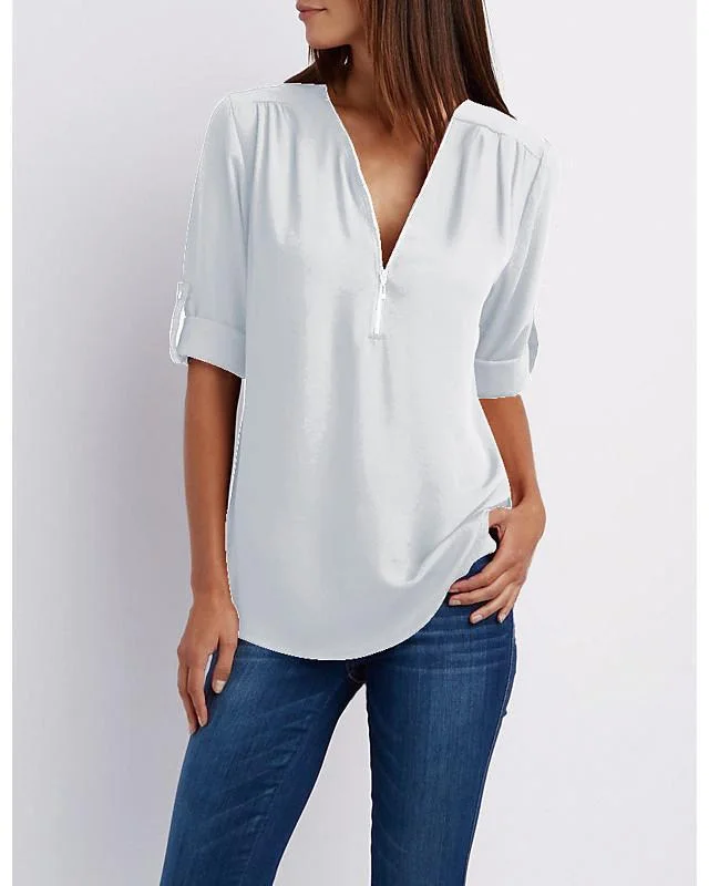 Women's Blouse Shirt Solid Colored Zipper Quarter Zip V Neck Tops Basic Top Watermelon Pink White Black-813