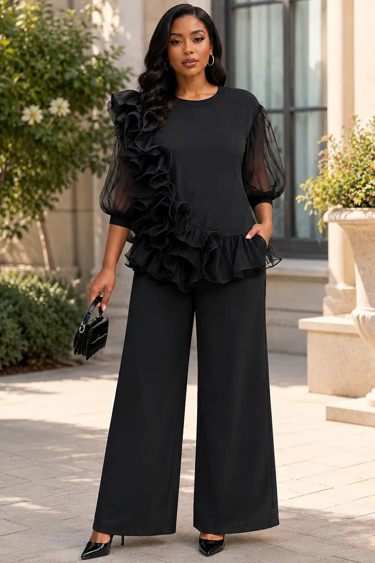 Xpluswear Design Plus Size Party Black Halter Collar Ruffle Pocket Chiffon Two Piece Pant Sets [Pre-Order] 2024 - Xpluswear
