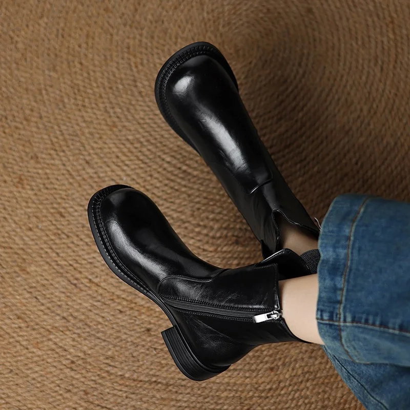 Breakj Breakj Plus Size Boots Vintage Round Head Western Boots Thick Heel Ankle Boots Women's Fall New Style Side Zipper Low Heel Skinny Boots