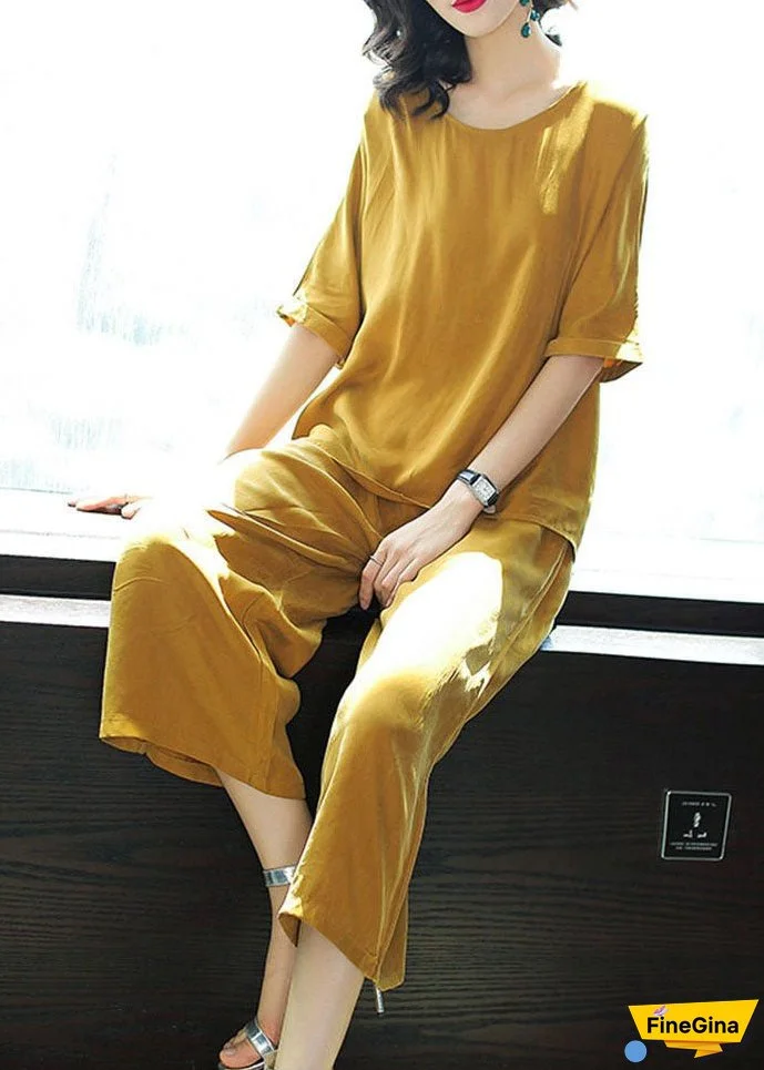 Plus Size Yellow O-Neck Tops And Pants Silk Two Pieces Set Summer