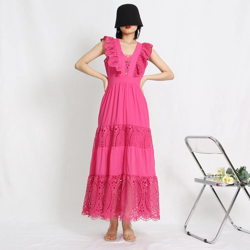 Toloer Lace Trim Vintage Dress For Women V Neck Sleeveless High Waist Ruffle Trim Midi Dresses Female Summer Clothing 2022