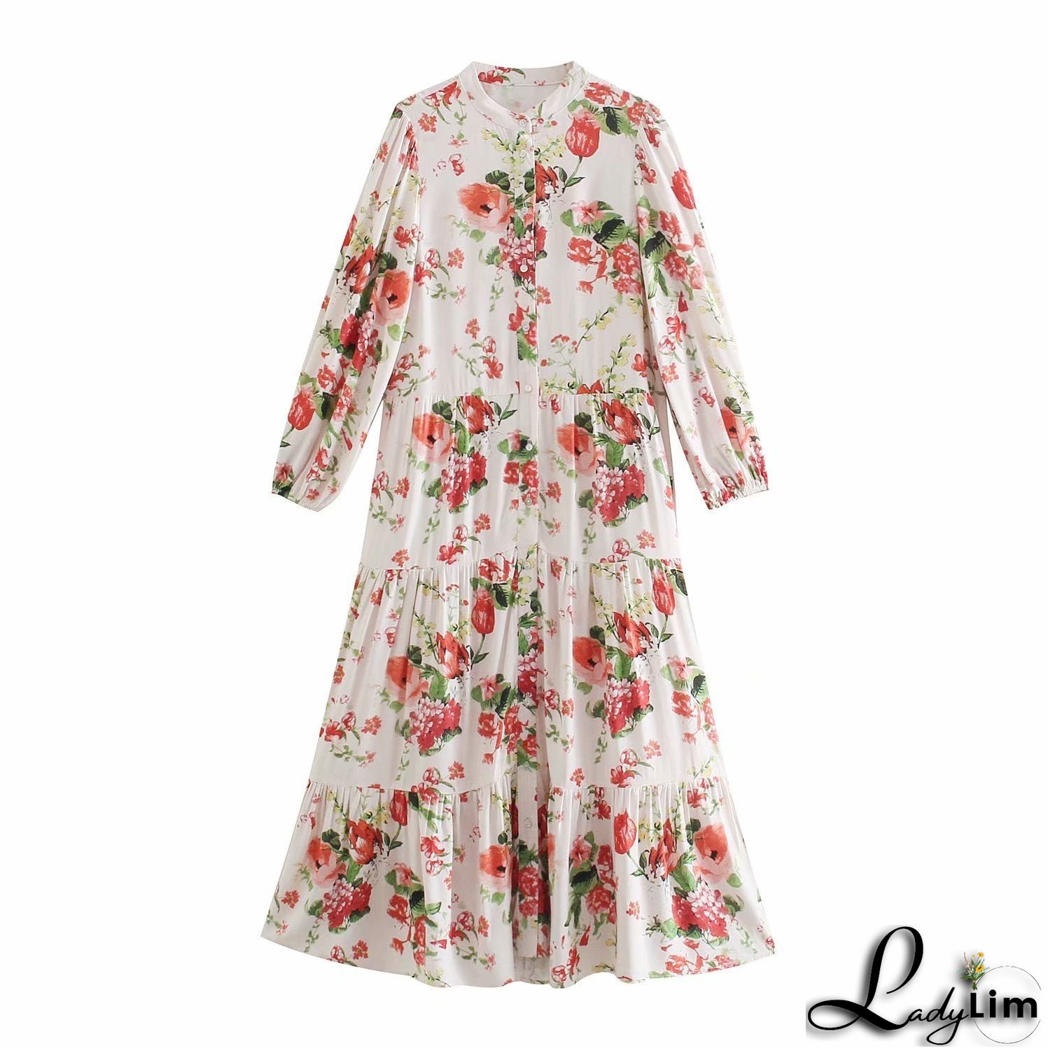 Single-Breasted Dress with Long Sleeves and Floral Print for Women