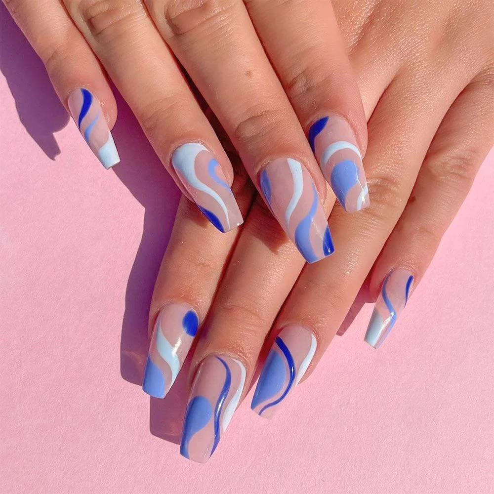 24pcs blue white Wavy lines Detachable Long Ballerina False Nails With Design Wearable Fake Nails Full Cover Nail Tips