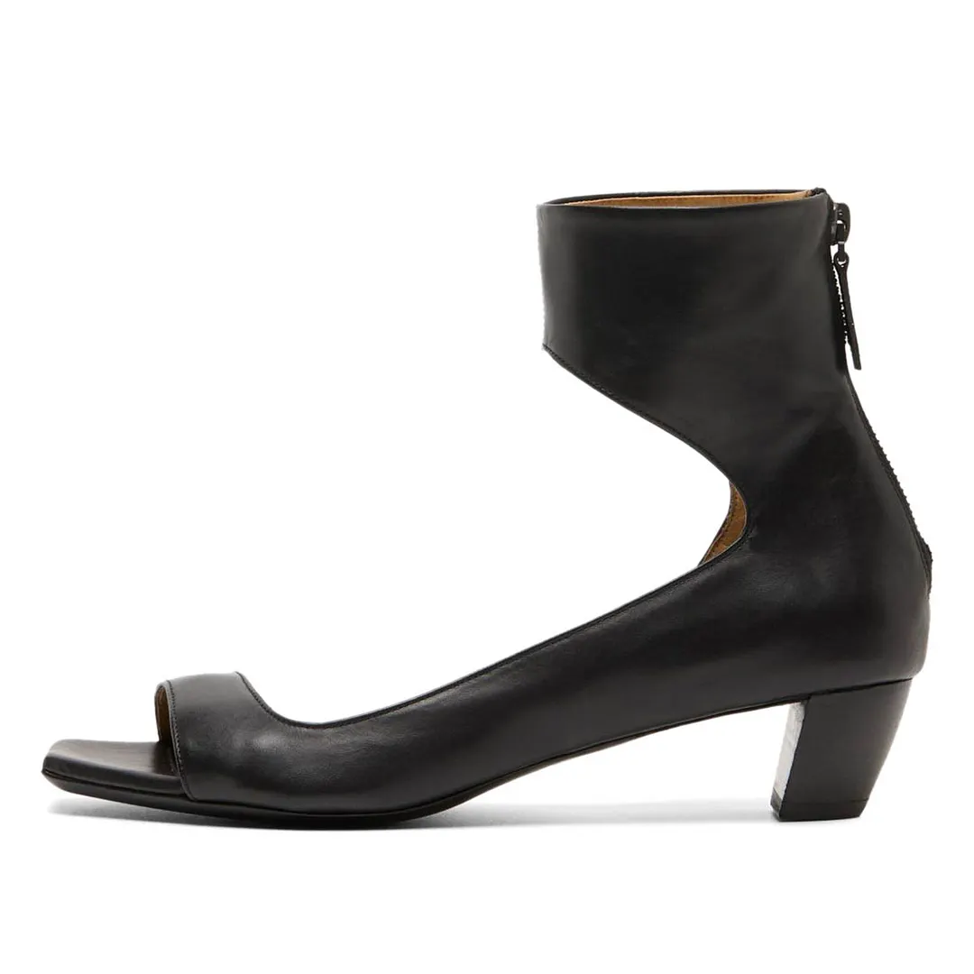 Black Vegan Leather Chunky Heel Zipper Open Toe Sandals for Women