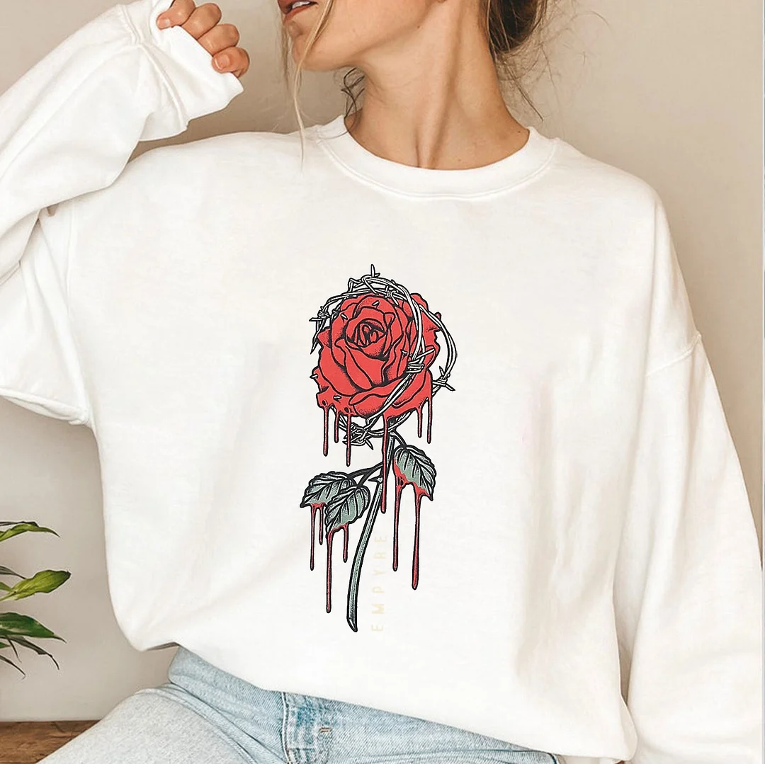 Flowers Designed Casual Graphic  White Print Sweatshirt