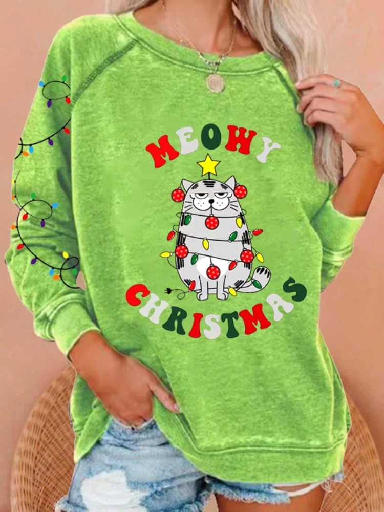 Wearshes Meowy Christmas Cartoon Cat Print Sweatshirt