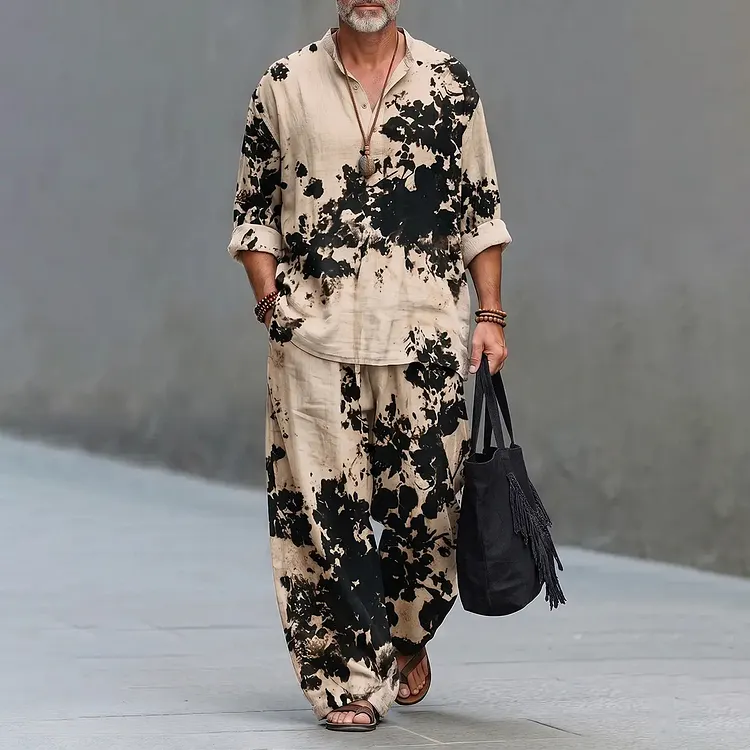 Men's Retro Abstract Floral Art Print Shirt And Pants Two Piece Set