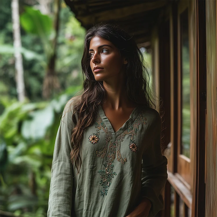 Utbros Vintage Bohemian Embroidered Linen V-neck Shirt