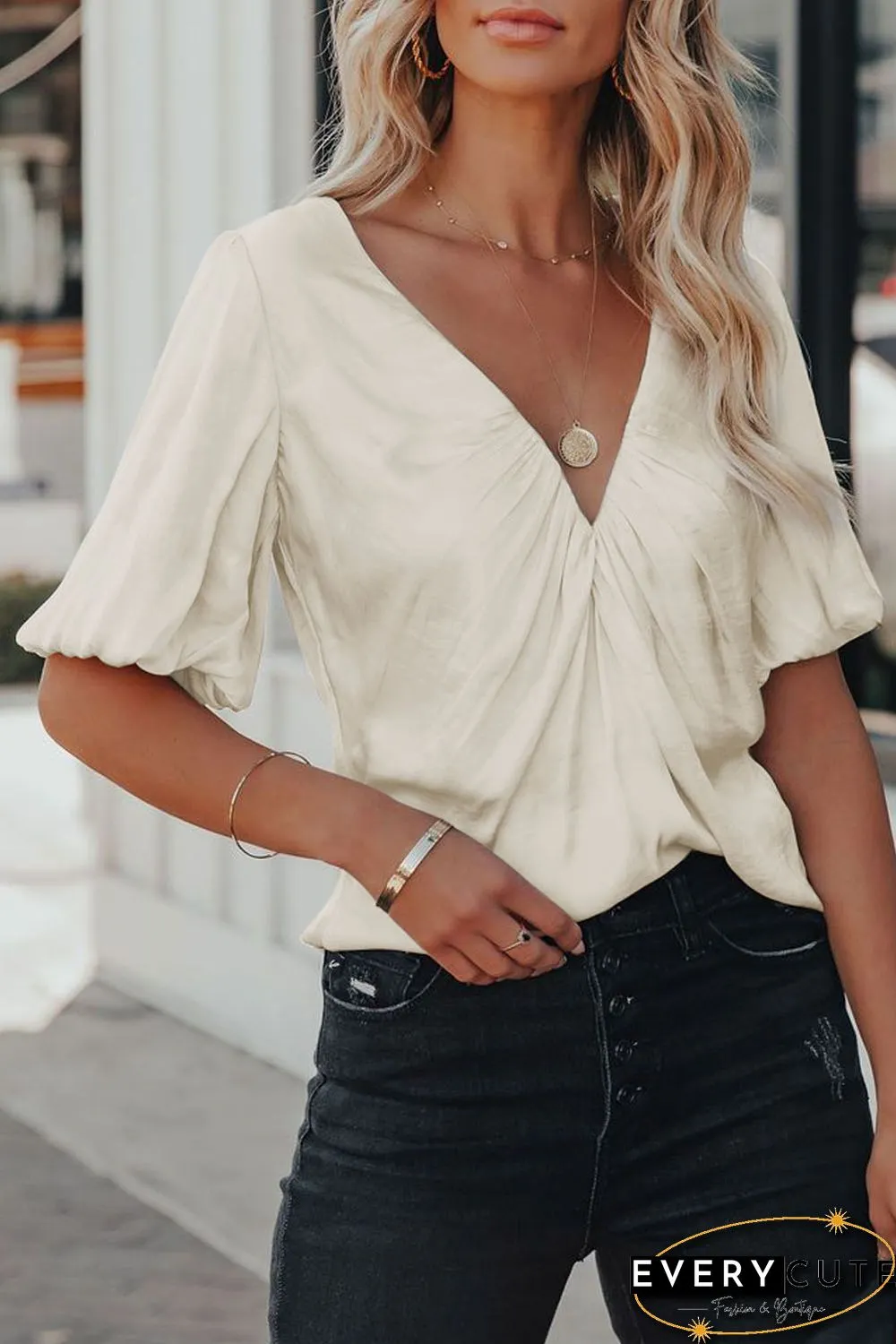 Satin Puff Sleeve V Neck Blouse