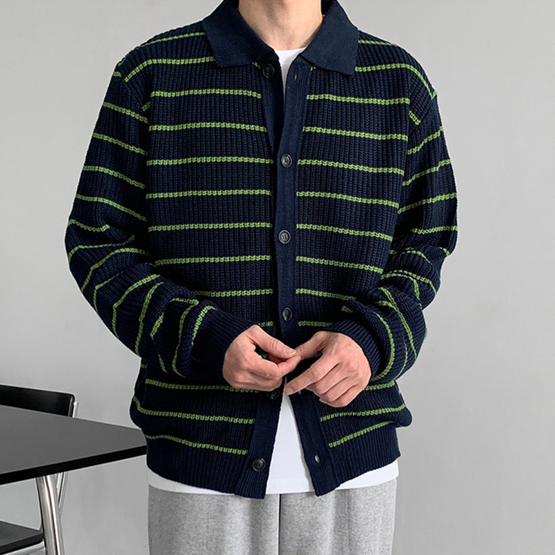 Men's Striped Knit Lapel Cardigan
